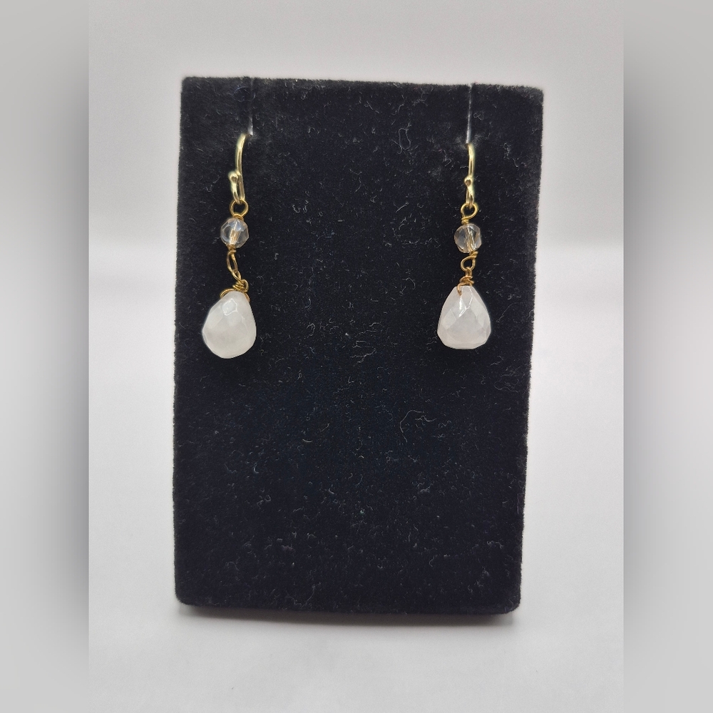 Rose Quartz Wire Wrapped Dangle Earrings Gold Tone Earrings